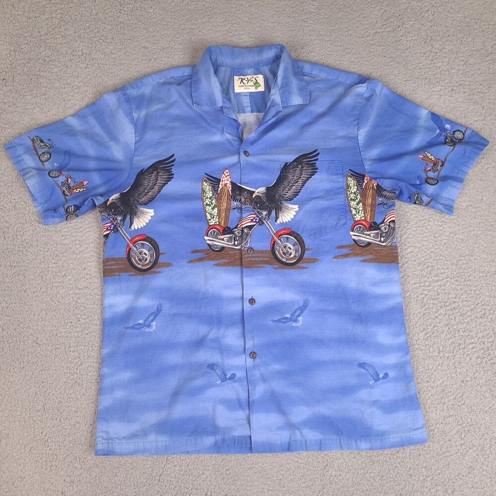 Vintage Ky's Hawaiian Shirt Mens XL Blue Motorcycle Surf Board‎ Eagle USA Made